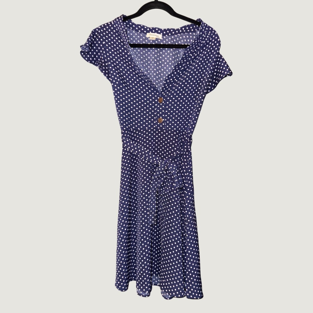 Nautical Navy Classic Polka Dot Flutter Sleeve Dress Small